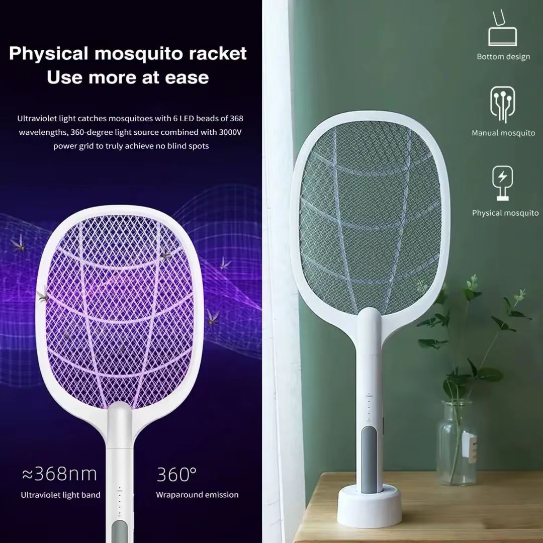 2-in-1 Rechargeable Electric Mosquito Swatter with Stand & UV Light – USB Charging Bug Zapper Racket