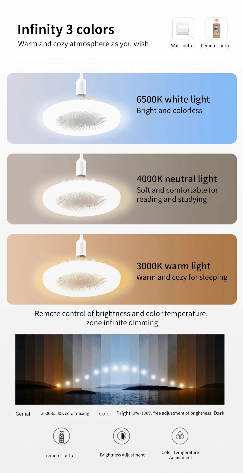 30W Remote Control Ceiling Fan Lamp Infinitely Dimmable E27 Base Noise Mute 3-Speed Wind Speed Adjustment LED Light 85-265V