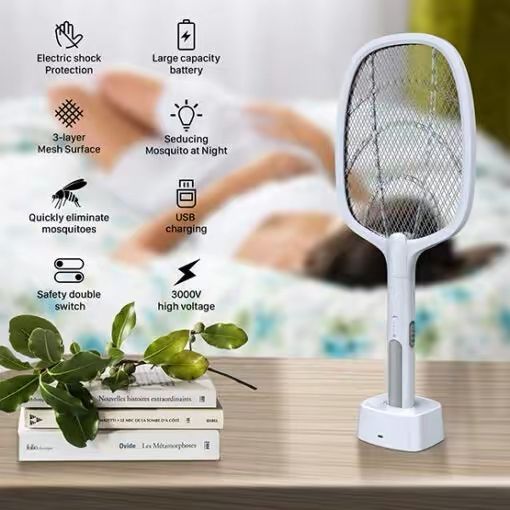 2-in-1 Rechargeable Electric Mosquito Swatter with Stand & UV Light – USB Charging Bug Zapper Racket