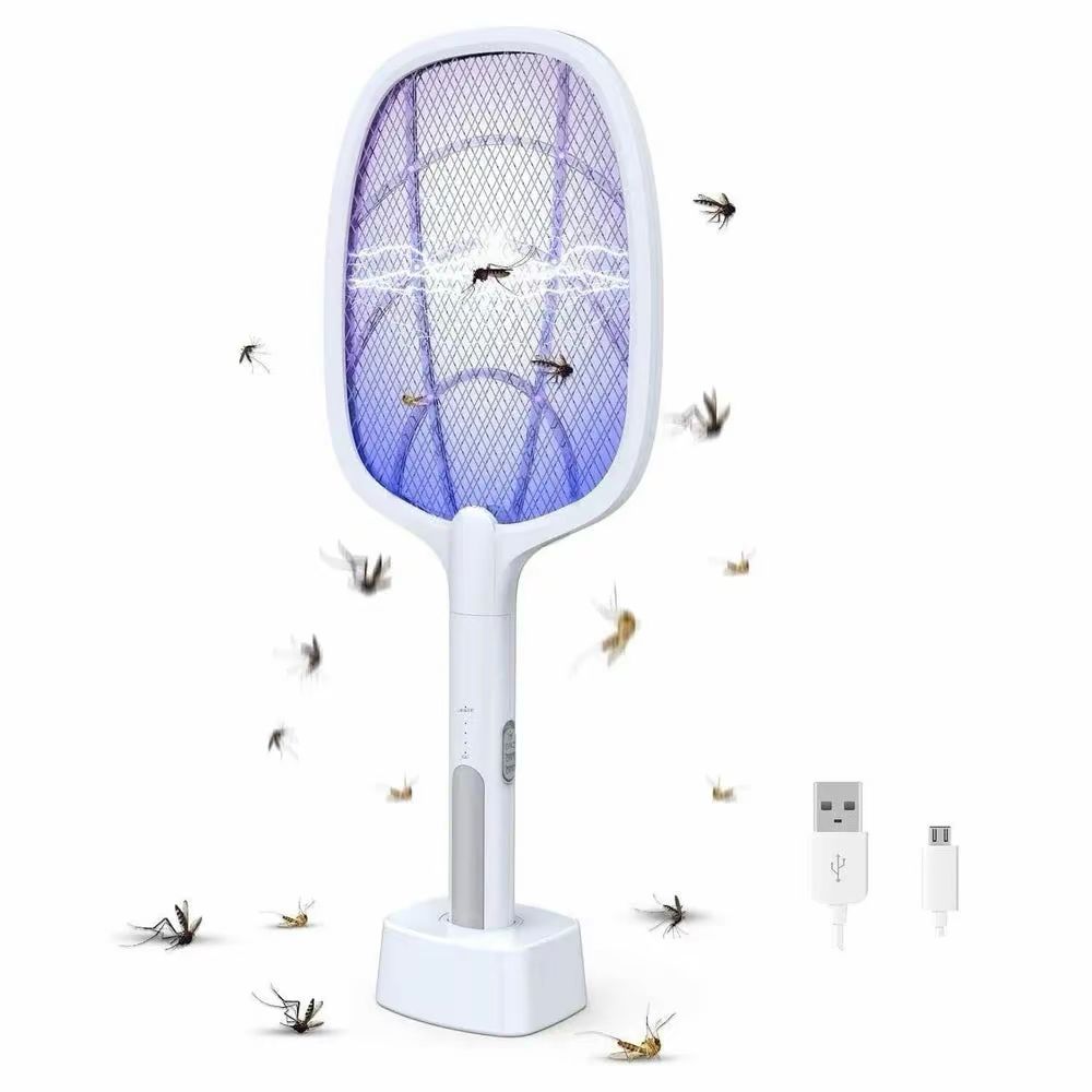 2-in-1 Rechargeable Electric Mosquito Swatter with Stand & UV Light – USB Charging Bug Zapper Racket