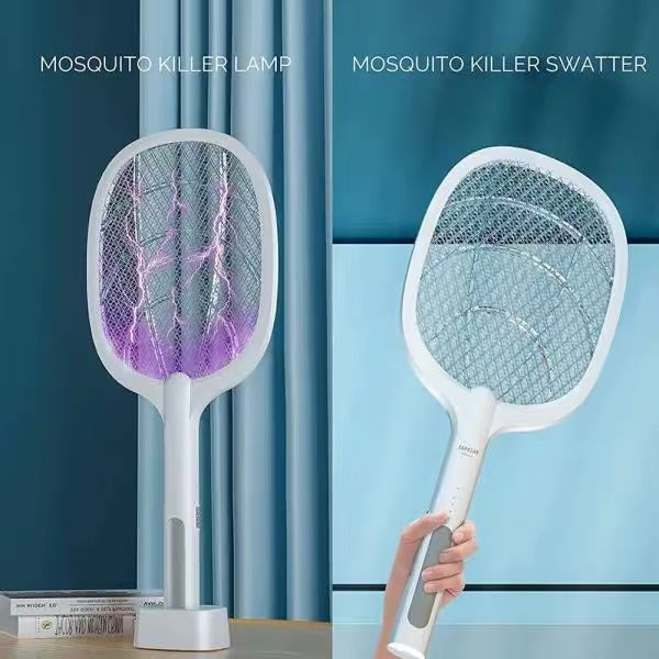 2-in-1 Rechargeable Electric Mosquito Swatter with Stand & UV Light – USB Charging Bug Zapper Racket