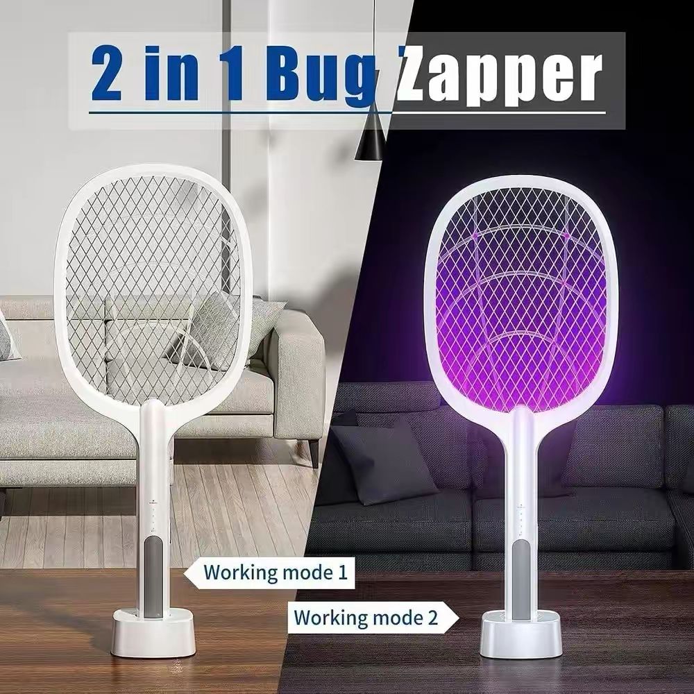 2-in-1 Rechargeable Electric Mosquito Swatter with Stand & UV Light – USB Charging Bug Zapper Racket