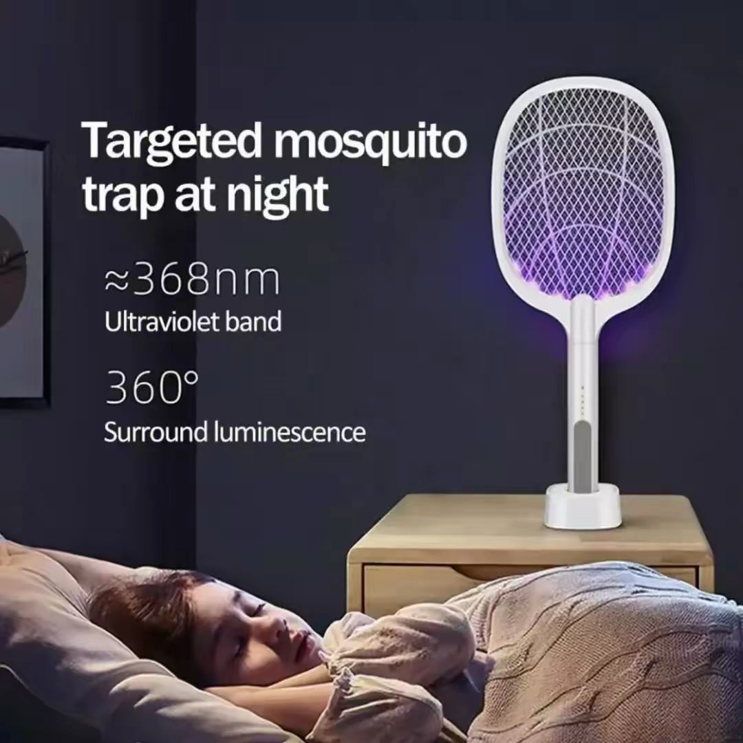 2-in-1 Rechargeable Electric Mosquito Swatter with Stand & UV Light – USB Charging Bug Zapper Racket